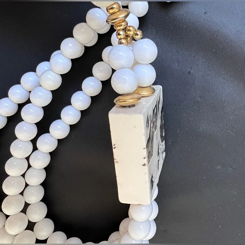 Vintage Japan 3-Strand White Bead and Hand-Painted Ceramic tiles Necklace Signed